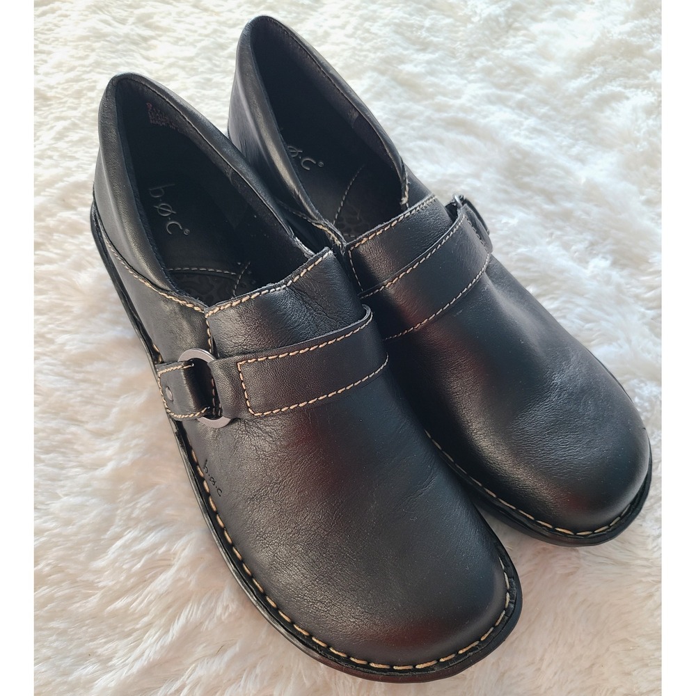 b.o.c. Born Concept Womens Black Leather Clogs Buckle Slip On Z17103 Size 9.5